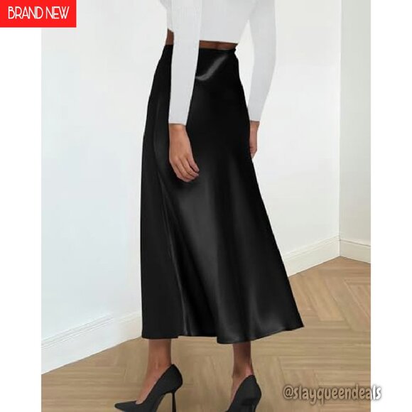 Satin Midi Skirt High Waist Elastic A-Line Cocktail Wedding Party - Picture 4 of 8